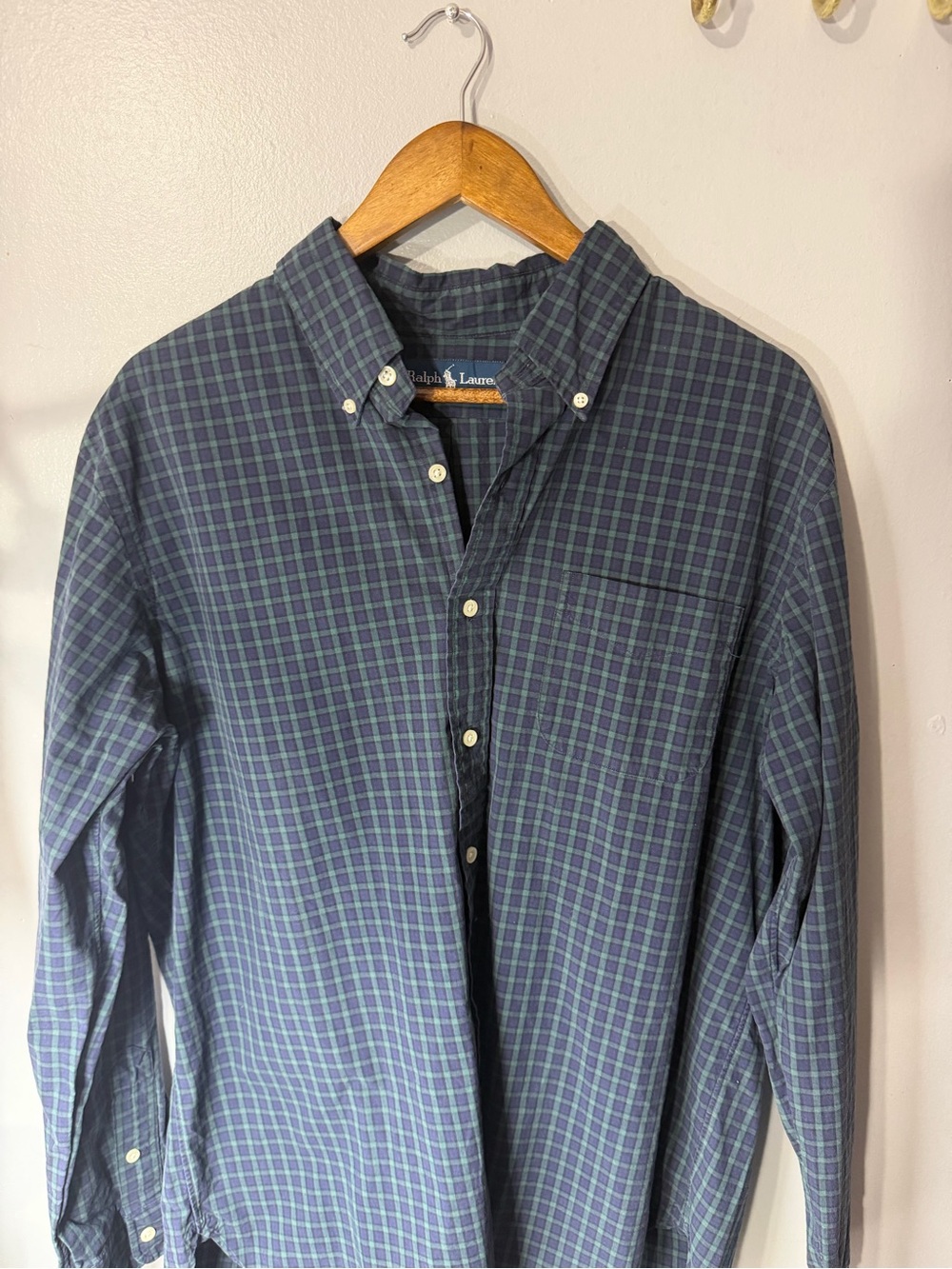 Ralph Lauren Navy and Green Windowpane Button-Down Shirt